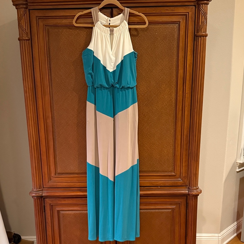 London Times Teal and Cream Color Block Maxi Dress